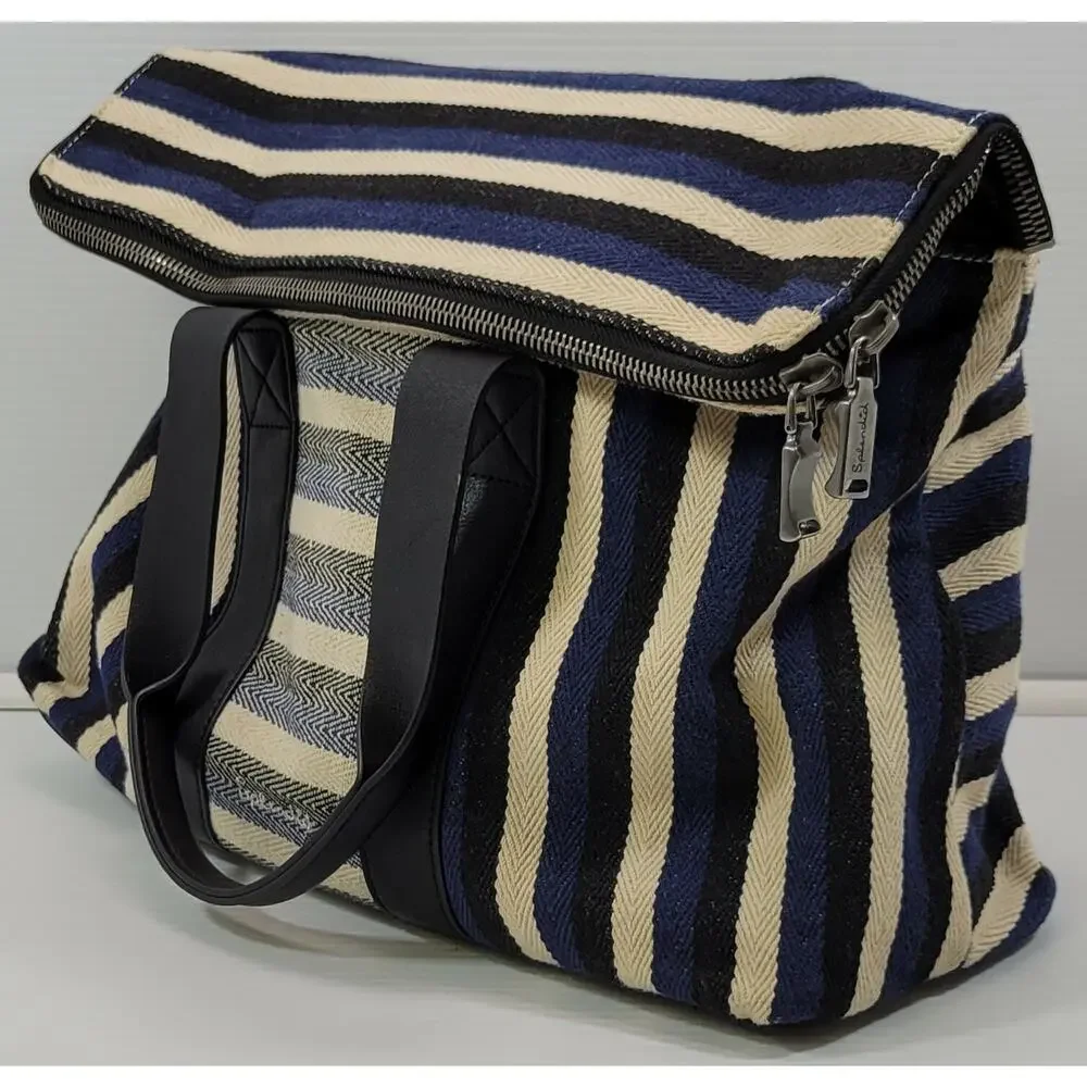 c4) Splendid Women's Hobo Tote Cotton Striped Bag Blue Black White